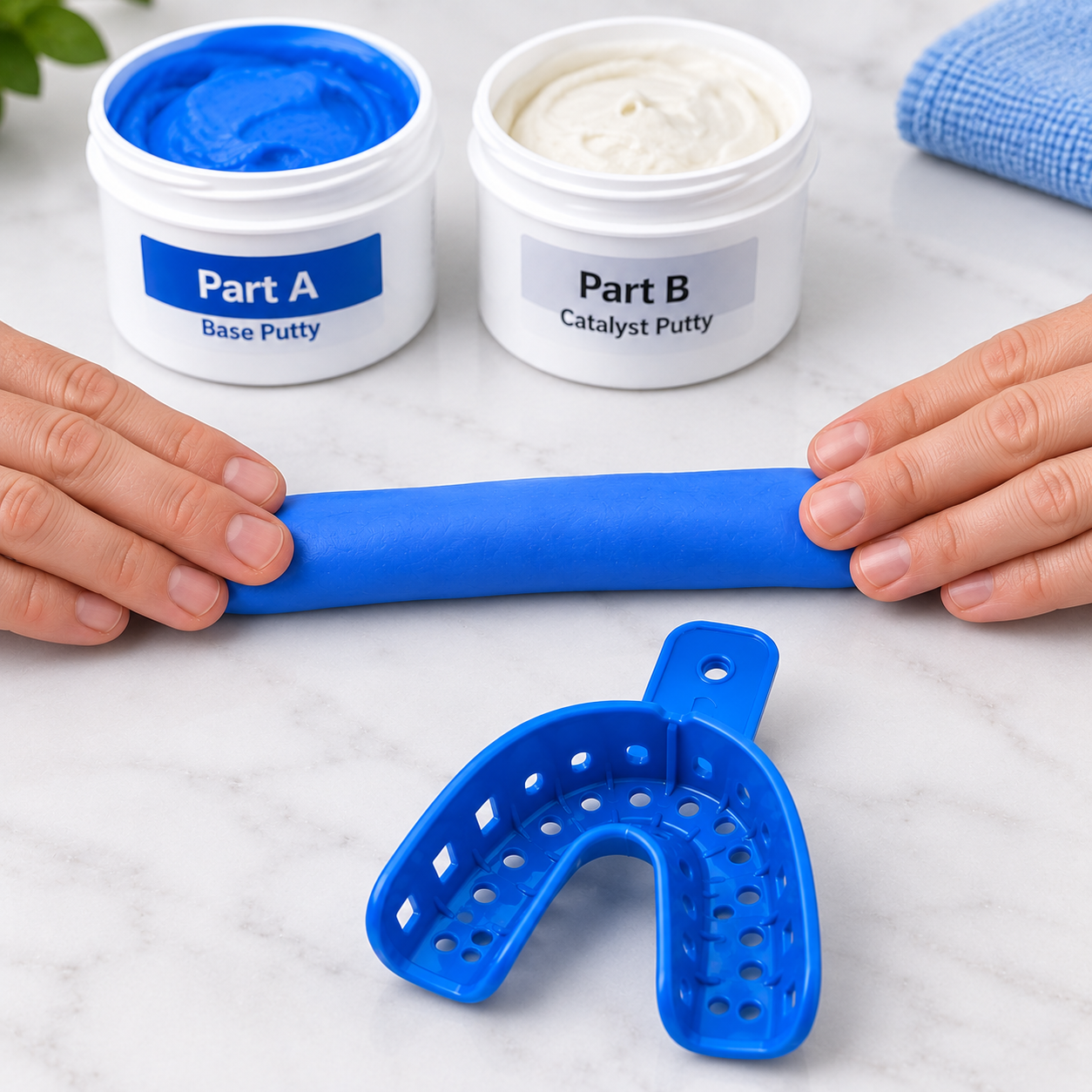 Rolling mixed PVS impression putty into an even sausage