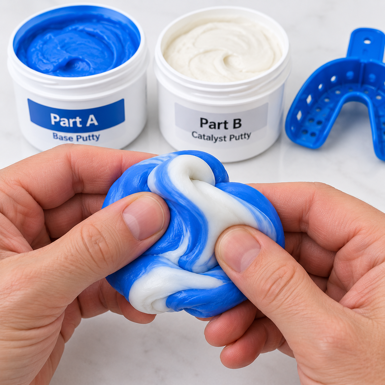 Mixing Part A and Part B PVS dental impression putty