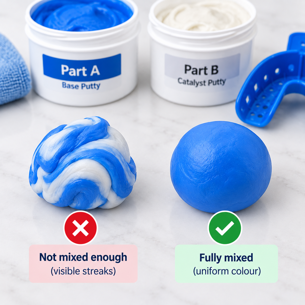 Correct uniformly mixed PVS putty compared with streaky putty